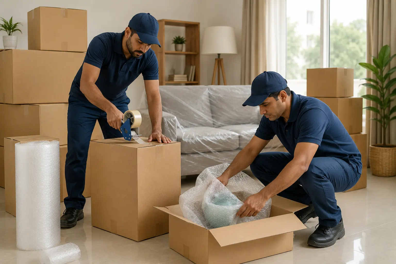 Professional movers carefully packing household furniture and belongings for relocation