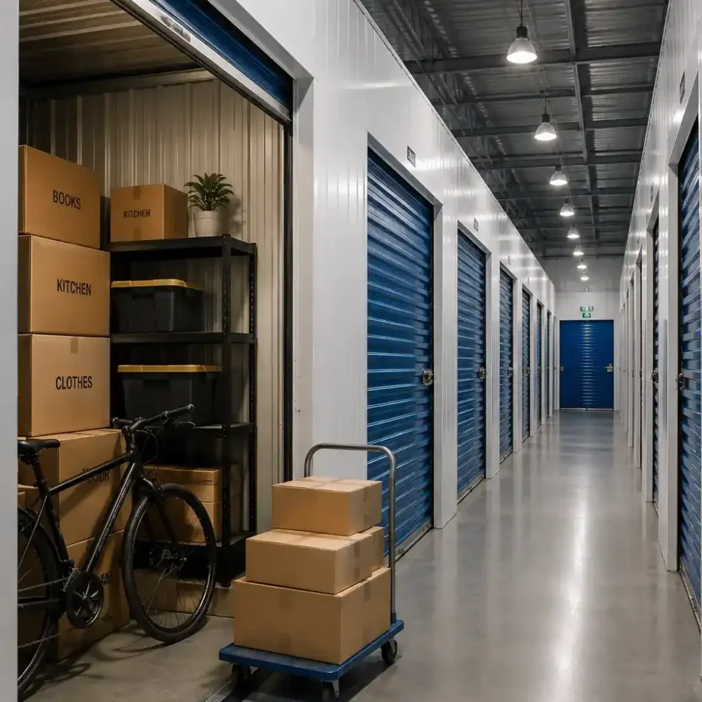 Organized self storage units in Al Ain with packed boxes and household items