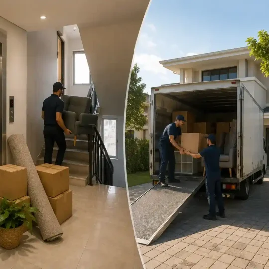 Movers handling furniture through apartment lifts and stairs during relocation